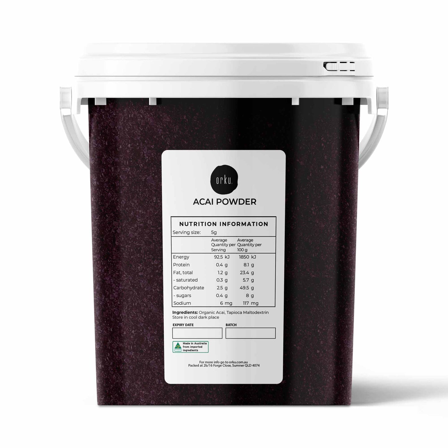 700g organic acai powder bucket by Hlpmedical, showcasing vibrant purple acai berries for health and superfood nutrition.