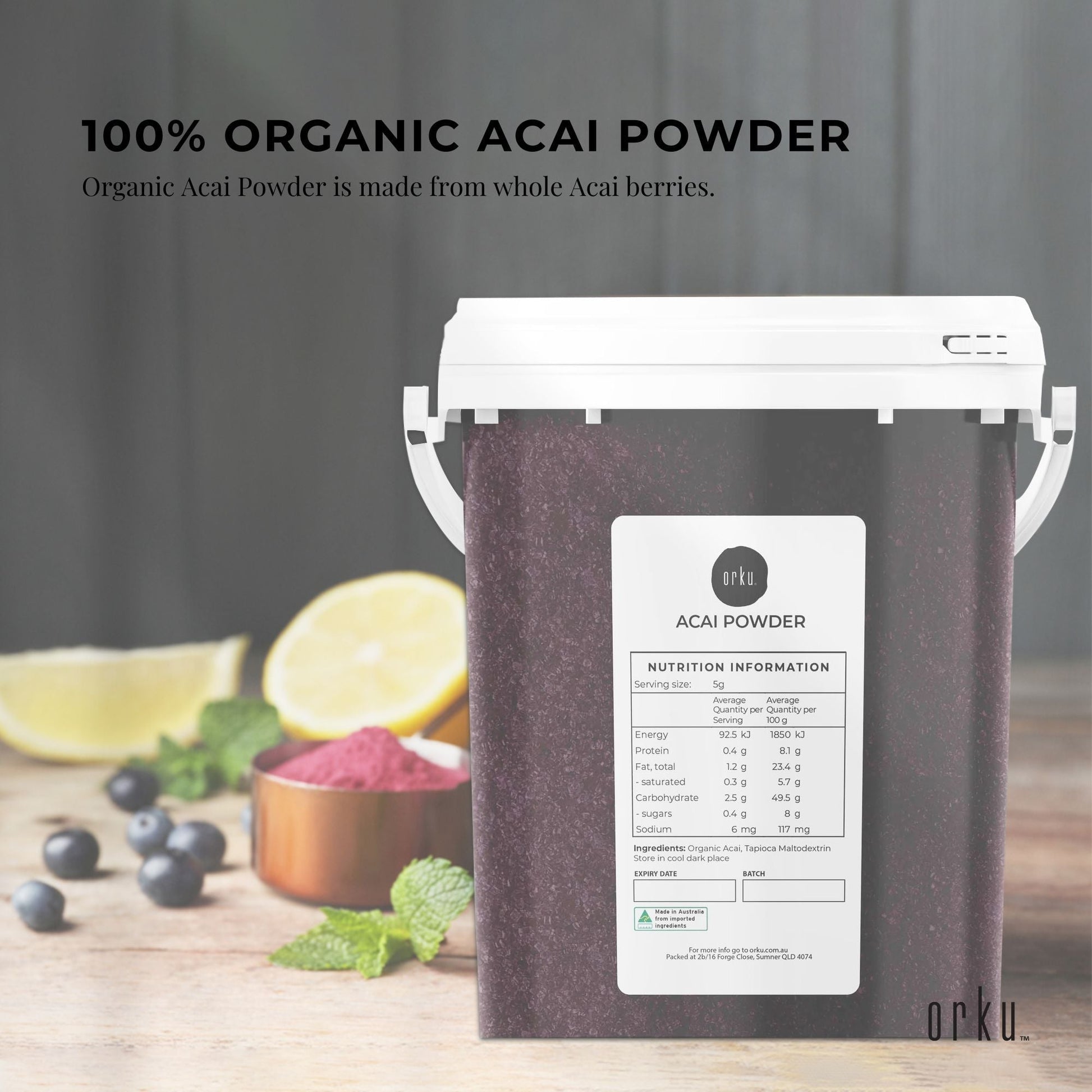 700g organic acai powder bucket by Hlpmedical showing vibrant purple acai berries in a container for health and nutrition.