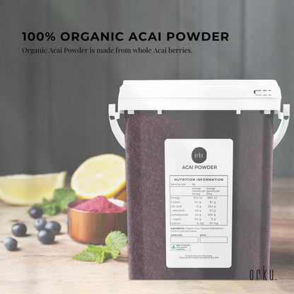 700g organic acai powder bucket by Hlpmedical showing vibrant purple acai berries in a container for health and nutrition.