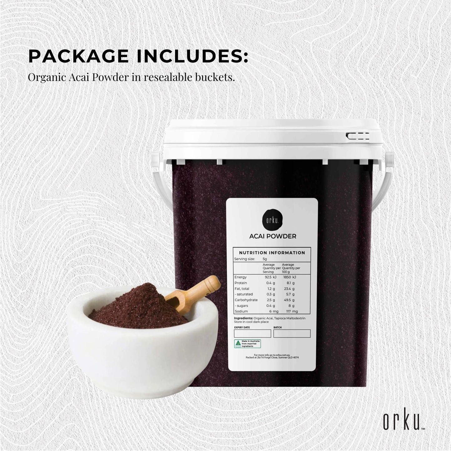 700g organic acai powder bucket by Hlpmedical, superfood Amazon berries for health and nutrition in a natural product container.