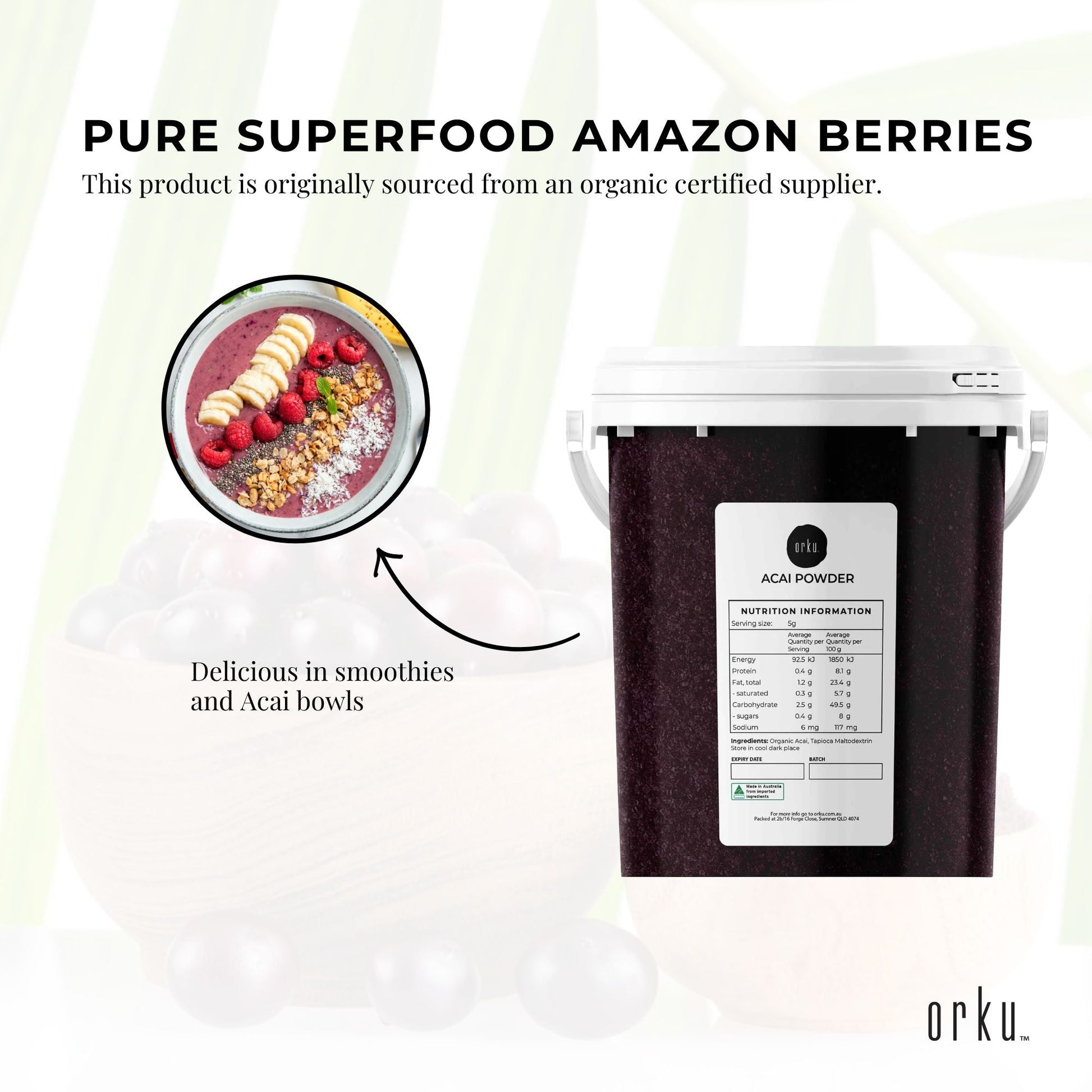 700g organic acai powder bucket from Hlpmedical, rich in antioxidants, ideal for smoothies and health supplements.