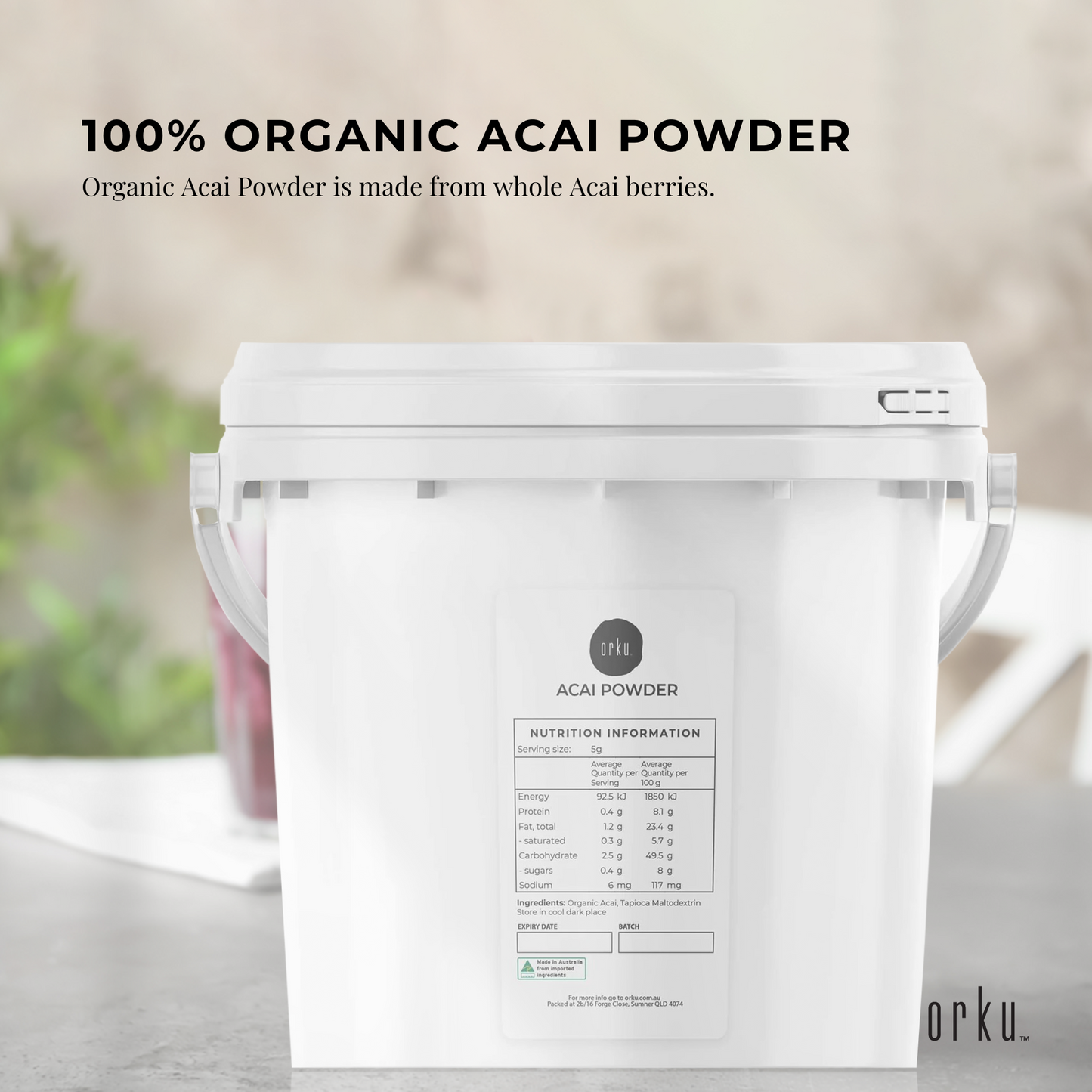 2.5kg bucket of Hlpmedical organic acai powder, a superfood from Amazon berries, used for health and nutritional supplements.