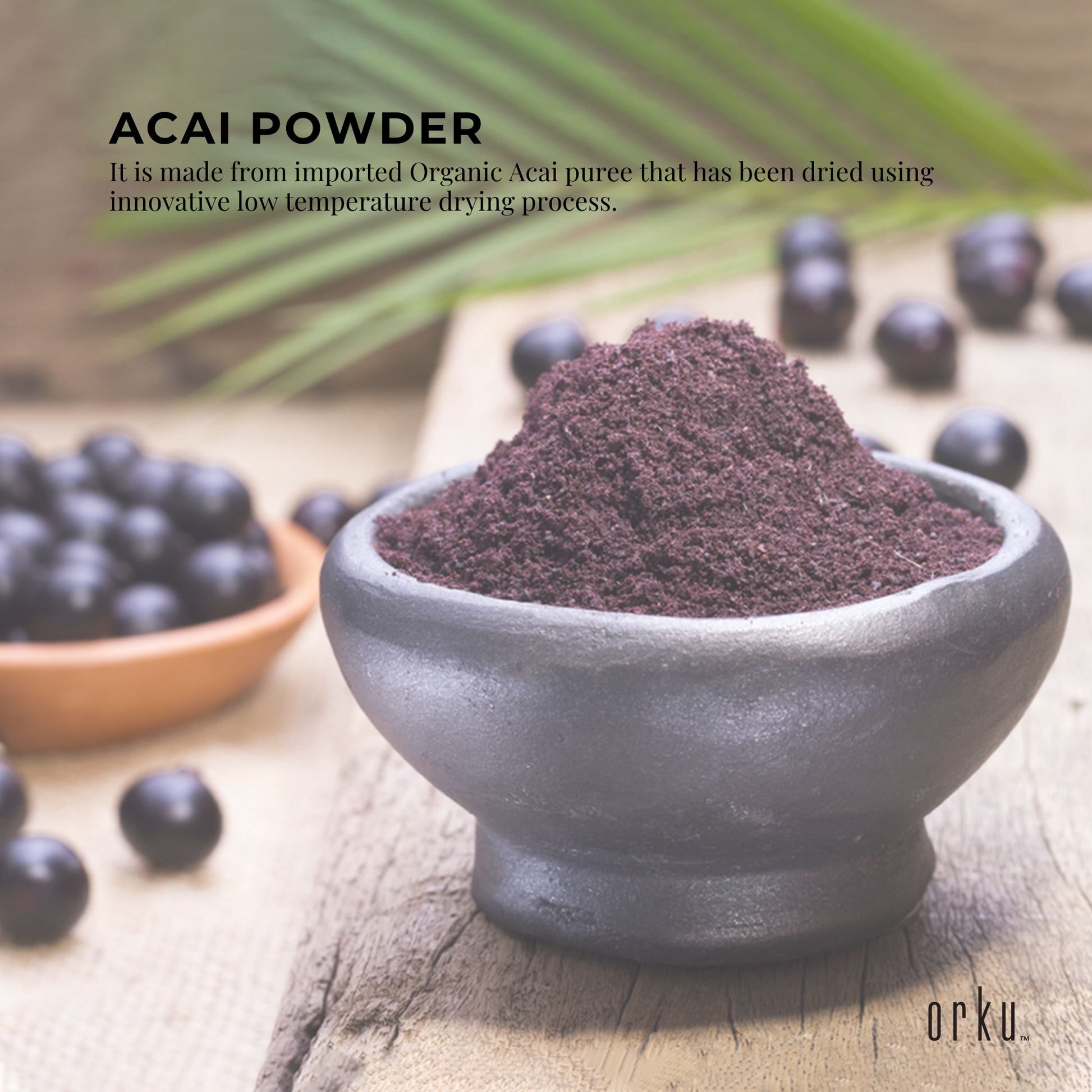 Organic acai powder bucket from Hlpmedical, 2.5kg, featuring vibrant purple acai berries in a health and beauty supplement container.