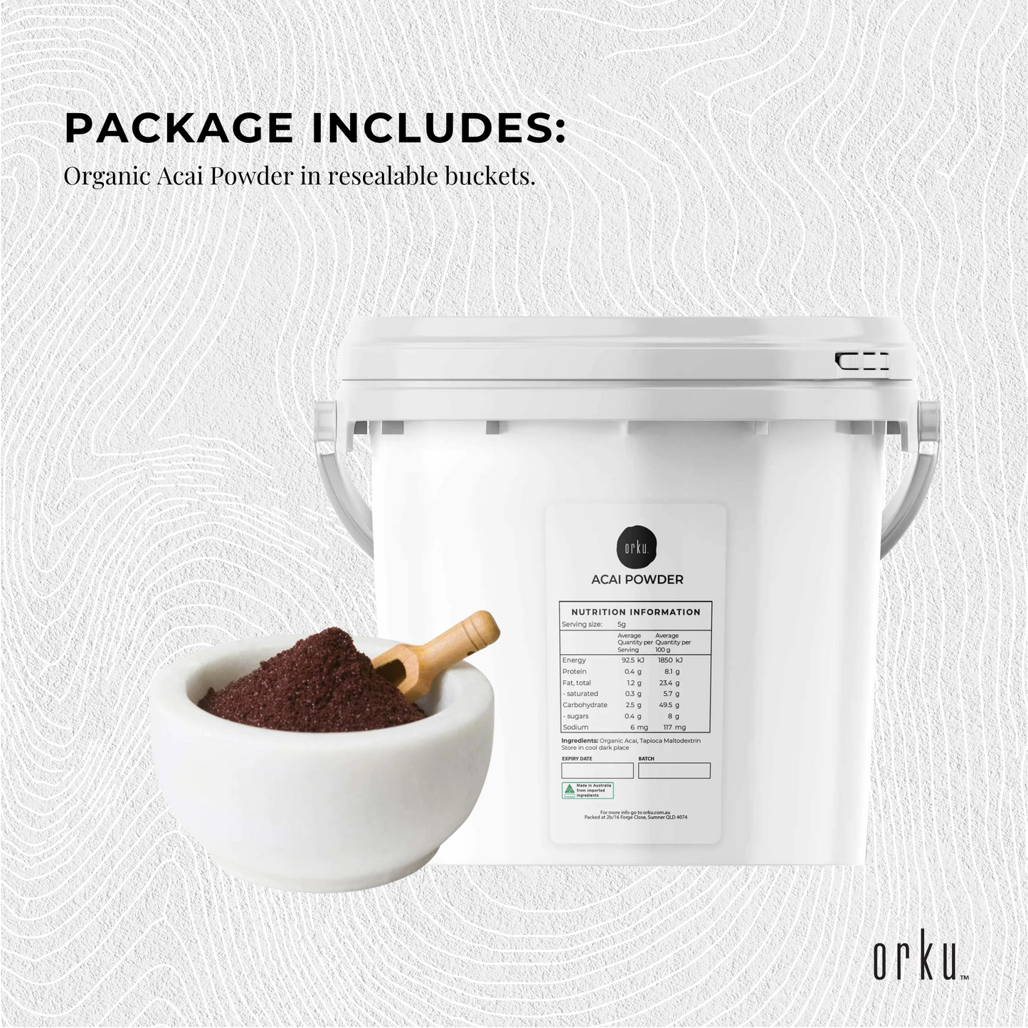 Hlpmedical 2.5kg organic acai powder bucket with Amazon berries, rich superfood for health and nutrition, in a natural setting.