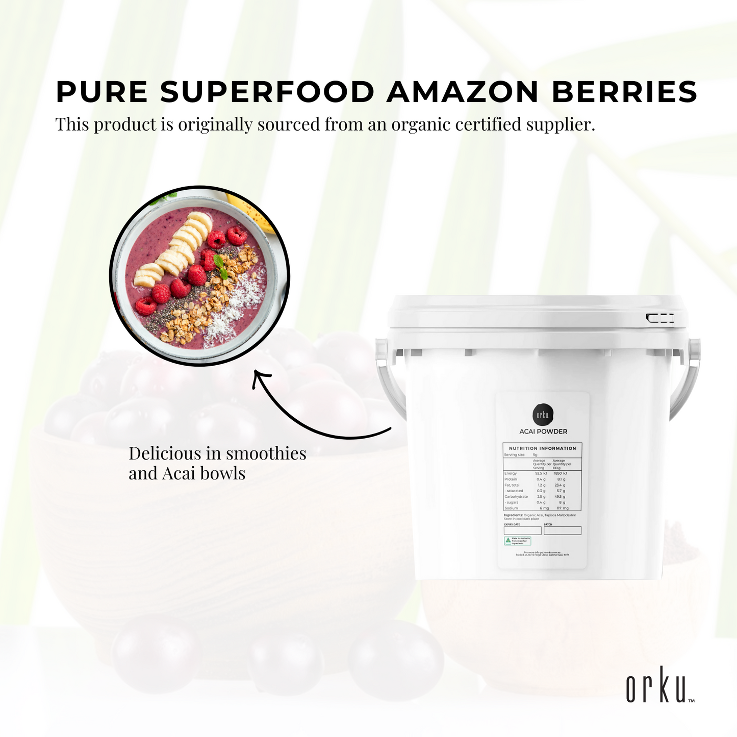 2.5kg bucket of organic acai powder by Hlpmedical, showcasing vibrant purple acai berries for superfood nutrition and health.