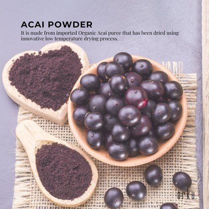 Organic acai powder in a 2kg bag, part of Hlpmedical's health and nutrition supplements, featuring vibrant acai berries.