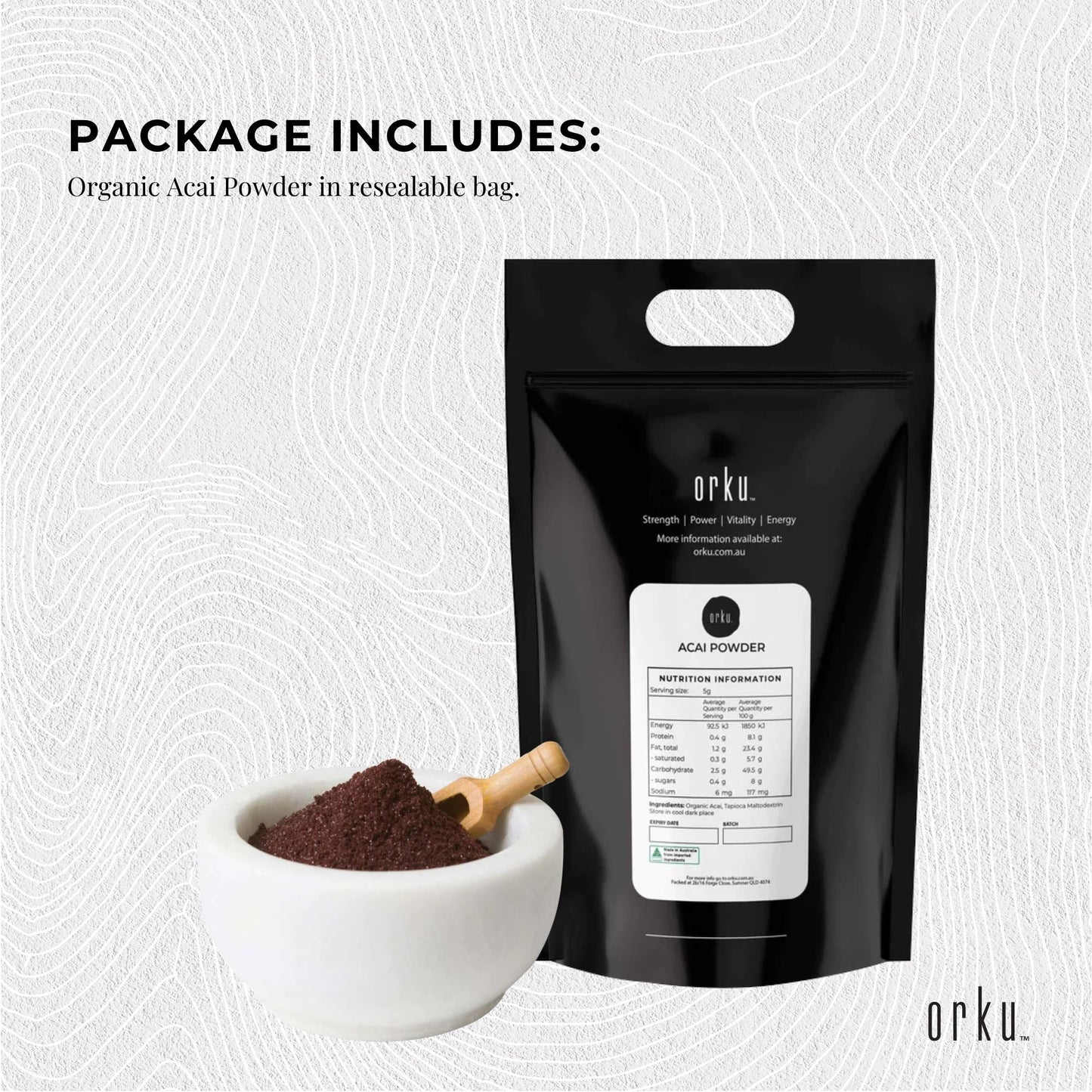 Organic acai powder in bulk 10kg from Hlpmedical, featuring vibrant purple berries, ideal for health and superfood nutrition.