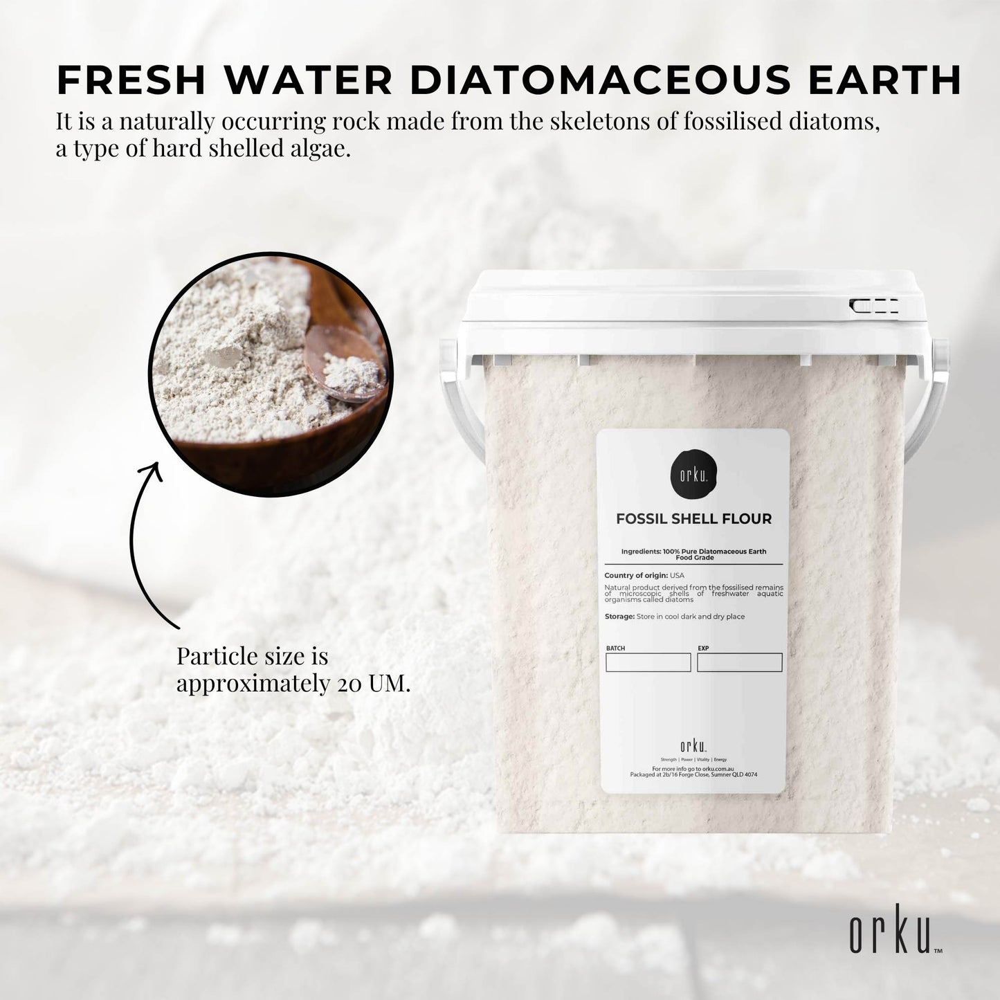 Hlpmedical Orku 300g fine diatomaceous earth tub, food grade FCC fossil shell flour powder for health and nutritional use.