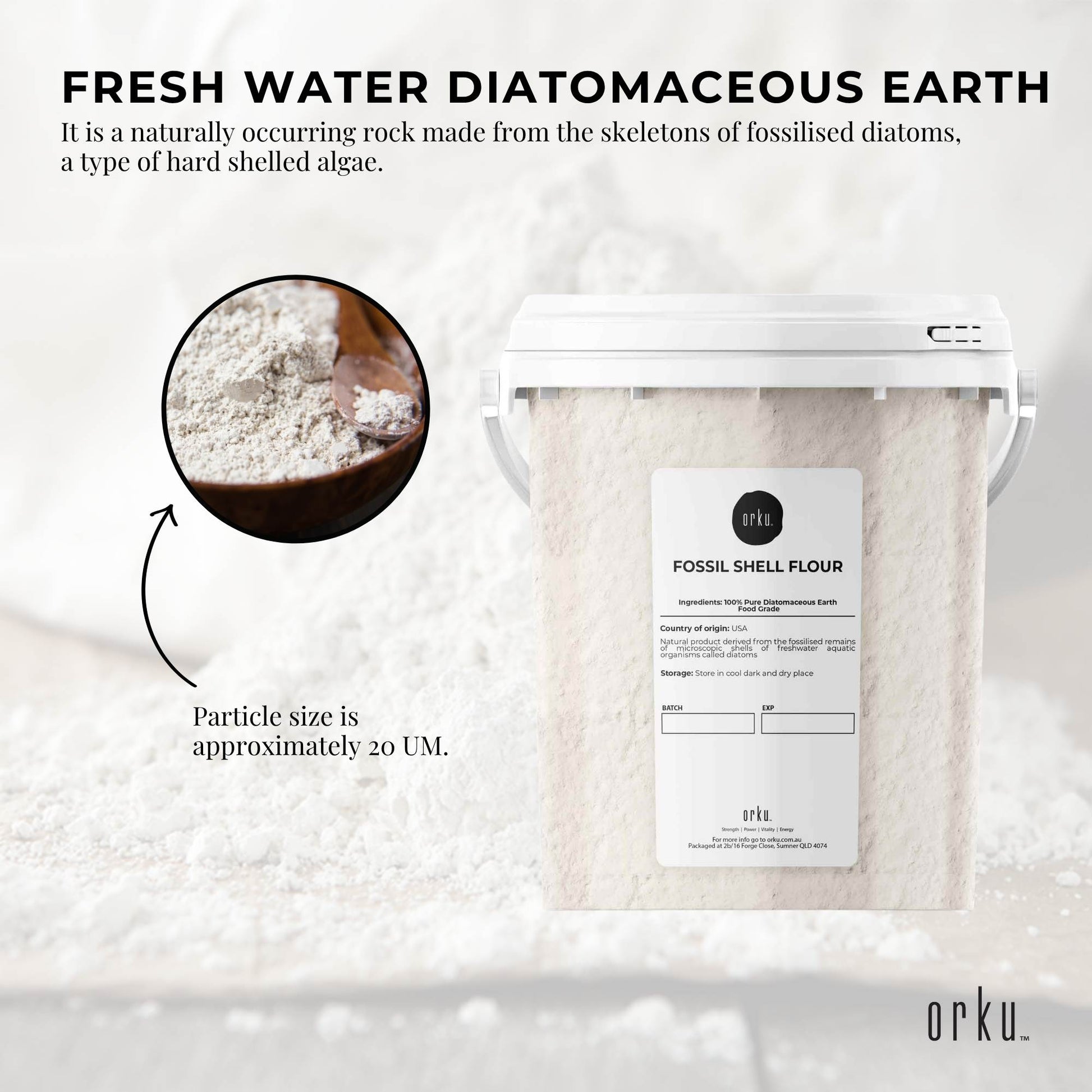 Hlpmedical Orku 300g fine diatomaceous earth tub, food grade FCC fossil shell flour powder for health and nutritional use.