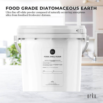 Hlpmedical Orku 1.4kg food grade diatomaceous earth tub showing the white fossil shell flour powder inside