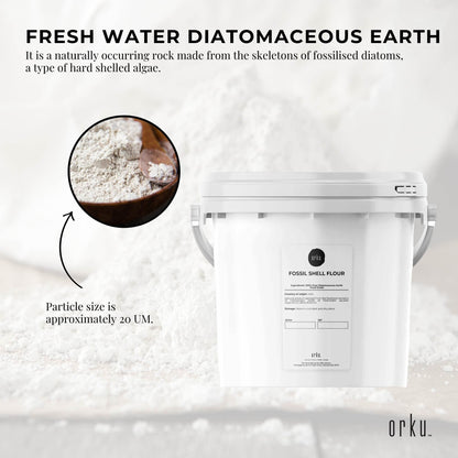 Hlpmedical Orku 1.4kg food grade diatomaceous earth tub with fossil shell flour powder, used as a dietary supplement and natural detoxifier