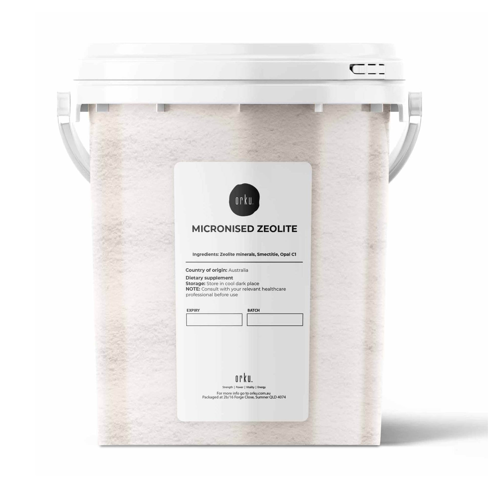 800g Micronized Zeolite Powder mineral supplement by Volcamin, shown in a container, for health and detox benefits.