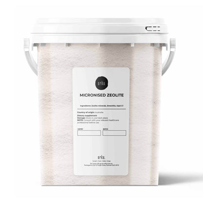 800g Micronized Zeolite Powder mineral supplement by Volcamin, shown in a container, for health and detox benefits.