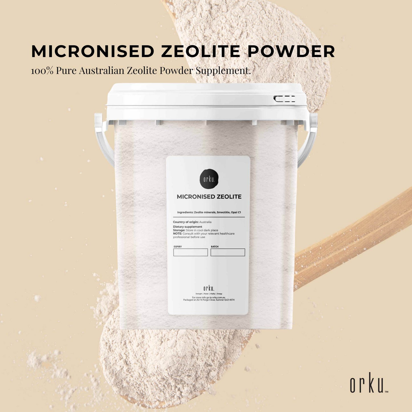 800g Hlpmedical Micronized Zeolite Powder Mineral supplement in a tub, showcasing fine volcanic mineral particles for health and detox.