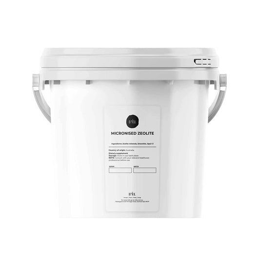 Hlpmedical micronized Zeolite powder tub for health and wellness, showing the 1.3kg mineral supplement container.