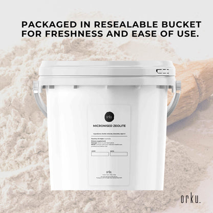 1.3kg Micronized Zeolite Powder tub by Volcamin, mineral supplement for health and detox, shown in a white container.