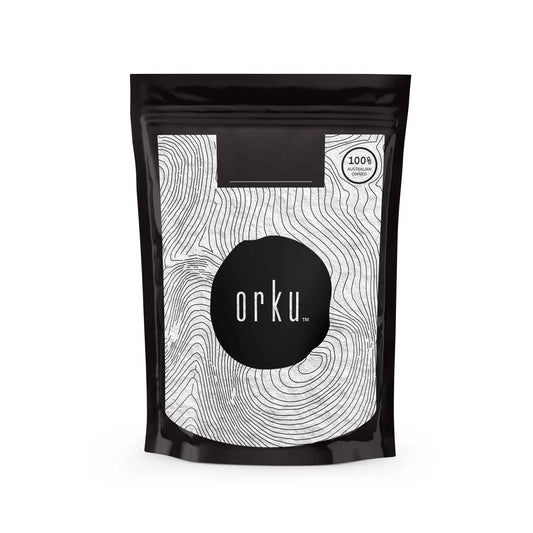 Hlpmedical Orku 100g potassium chloride powder, food grade salt substitute, shown in a clear container on a white background.