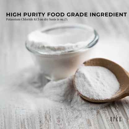 Hlpmedical Orku 100g potassium chloride powder, food grade KCl salt substitute, shown in a clear container for nutrition use.