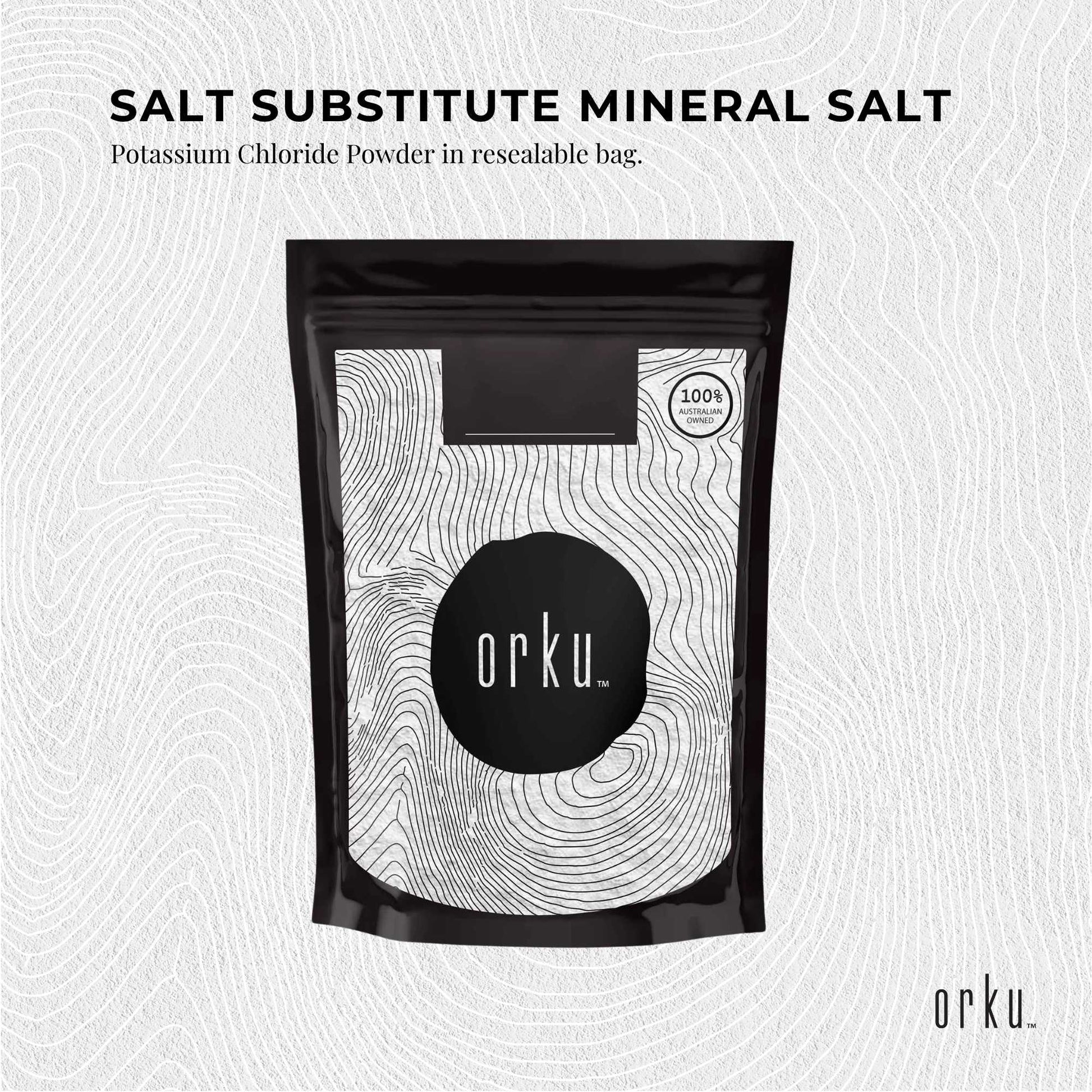 Hlpmedical Orku 1kg potassium chloride powder, food-grade salt substitute for health and nutrition use.