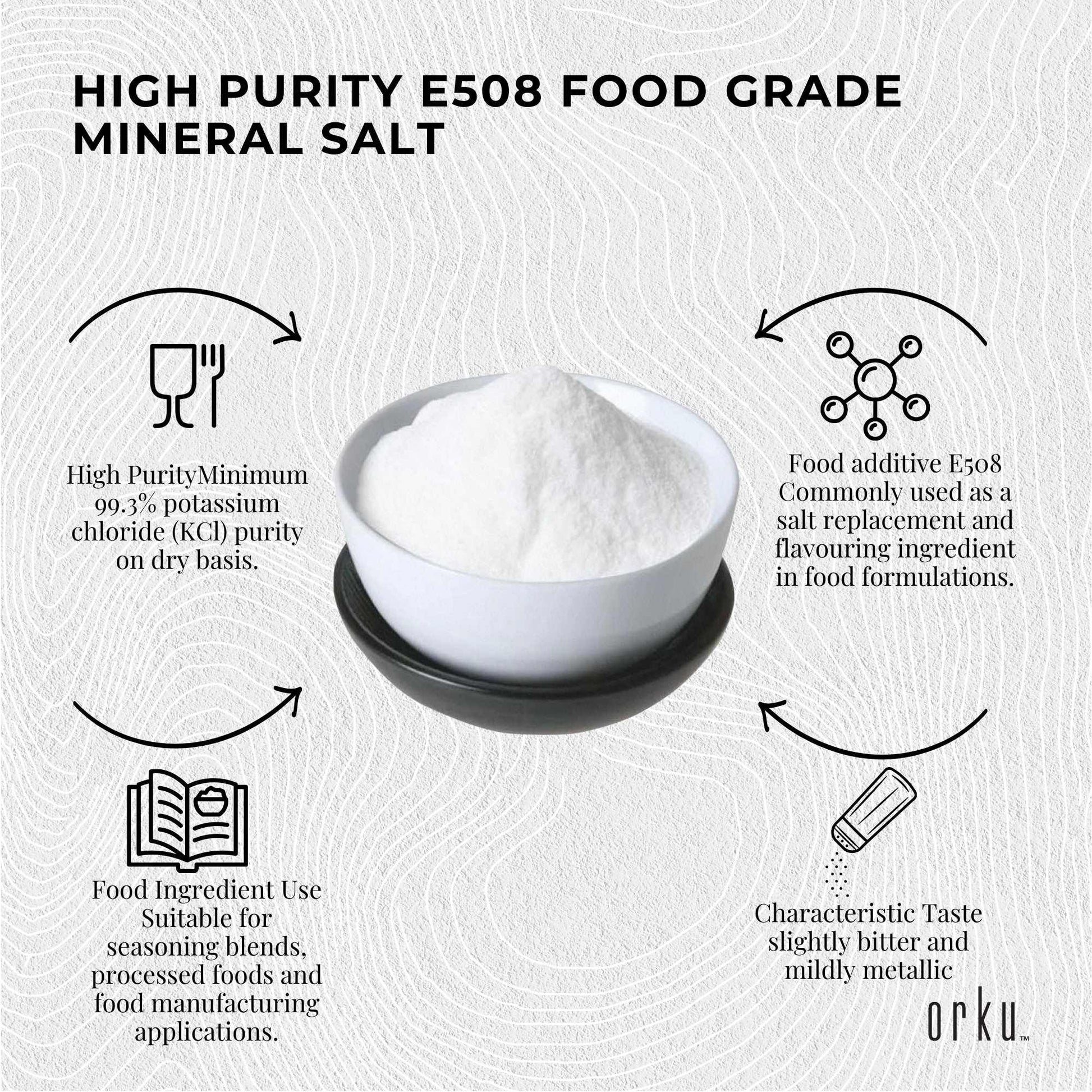 Hlpmedical Orku 1kg potassium chloride powder, food grade salt substitute, shown in white granulated form for nutrition use.