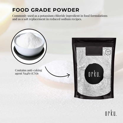 Hlpmedical Orku 1kg potassium chloride powder, food-grade salt substitute, shown in a clear container for nutrition and supplement use.
