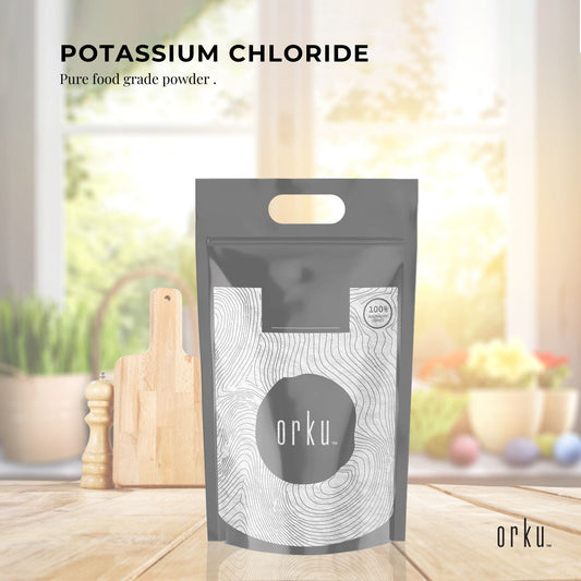 Hlpmedical Orku 5kg potassium chloride powder, food-grade salt substitute, shown in a white container with label.