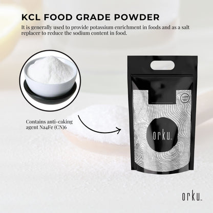 Hlpmedical Orku 5kg potassium chloride powder, food grade KCl salt substitute, shown in a clear container for nutrition and health use.