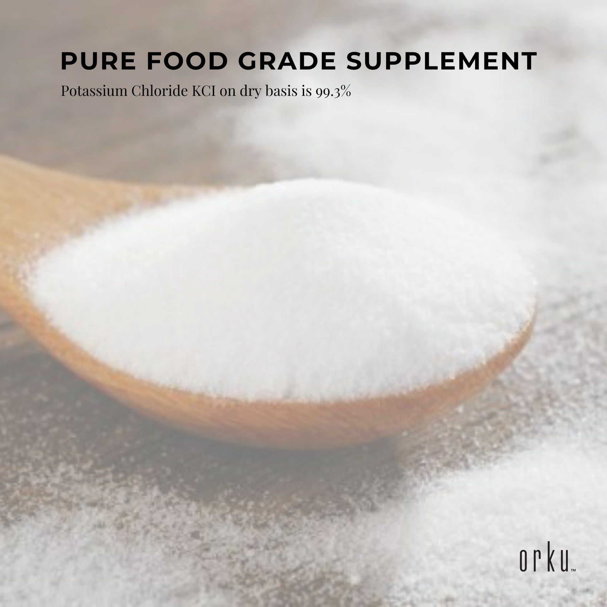 Hlpmedical Orku 5kg potassium chloride powder, food grade KCl salt substitute, shown in a resealable bag for nutrition use.
