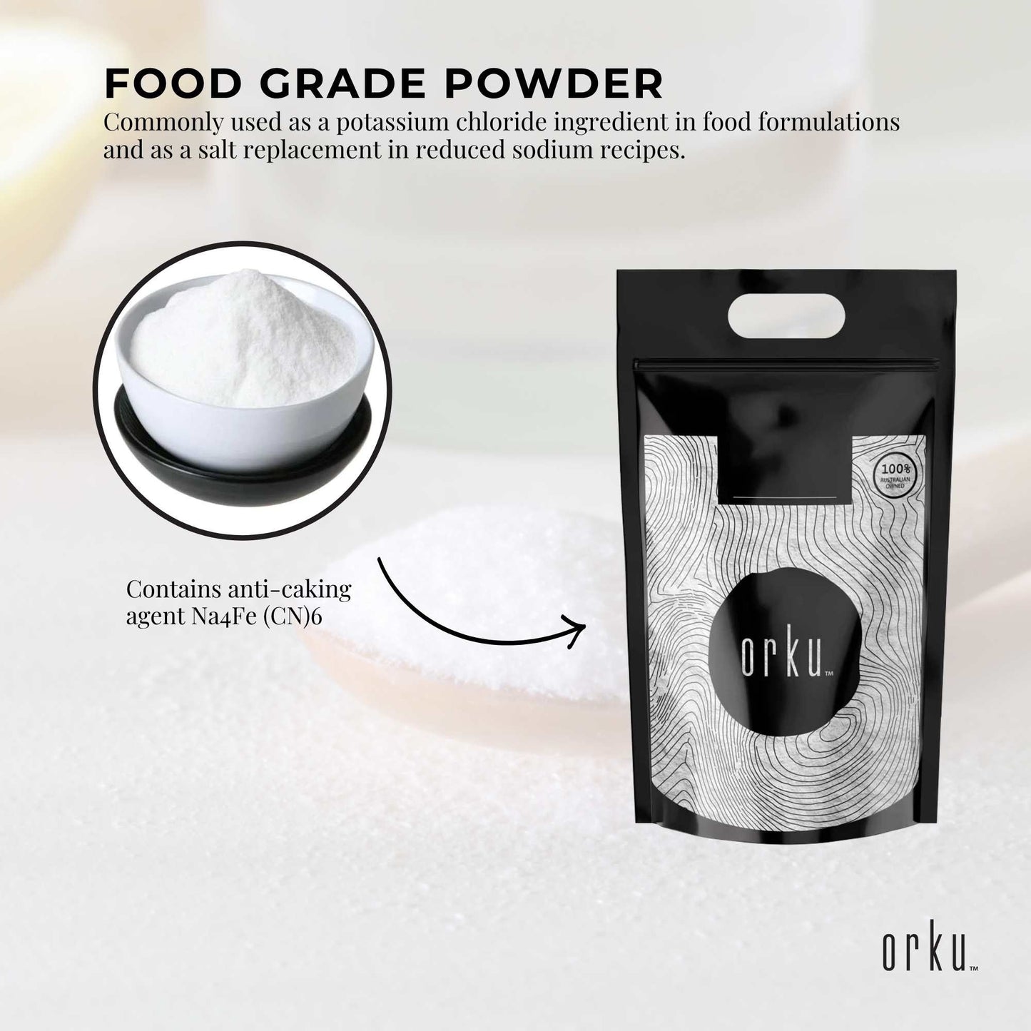 Hlpmedical Orku Bulk 20kg potassium chloride powder, food grade KCl salt substitute for nutrition and health supplement use.
