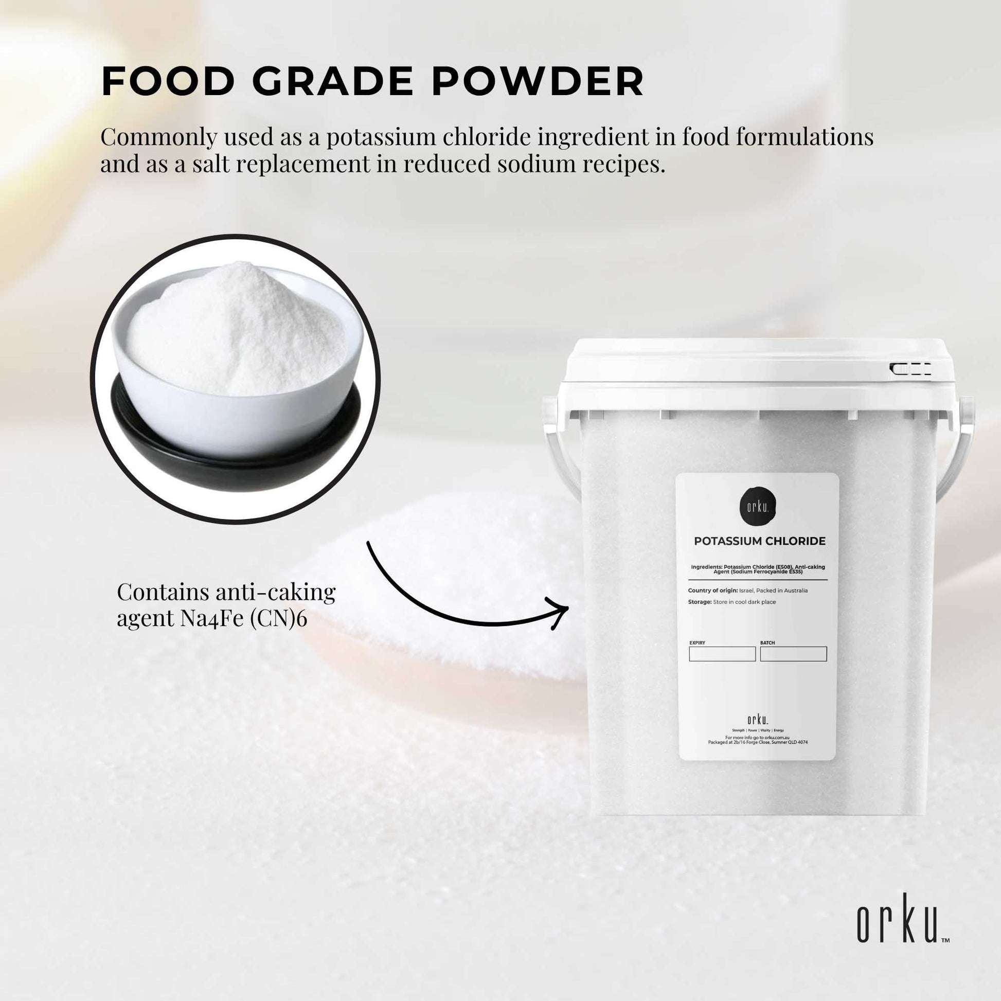 Hlpmedical Orku 1.3kg potassium chloride powder tub, food grade salt substitute, in a white container, ideal for nutrition and supplements.