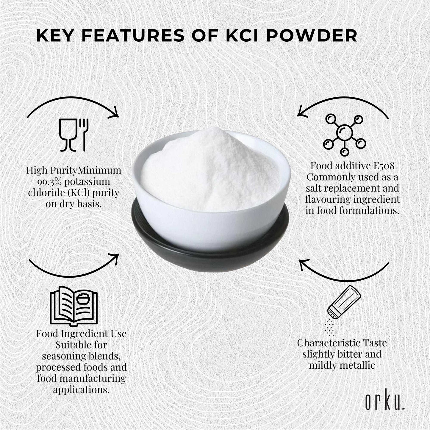 Hlpmedical Orku 1.3kg potassium chloride powder tub, food grade salt substitute, in a white container with label and scoop