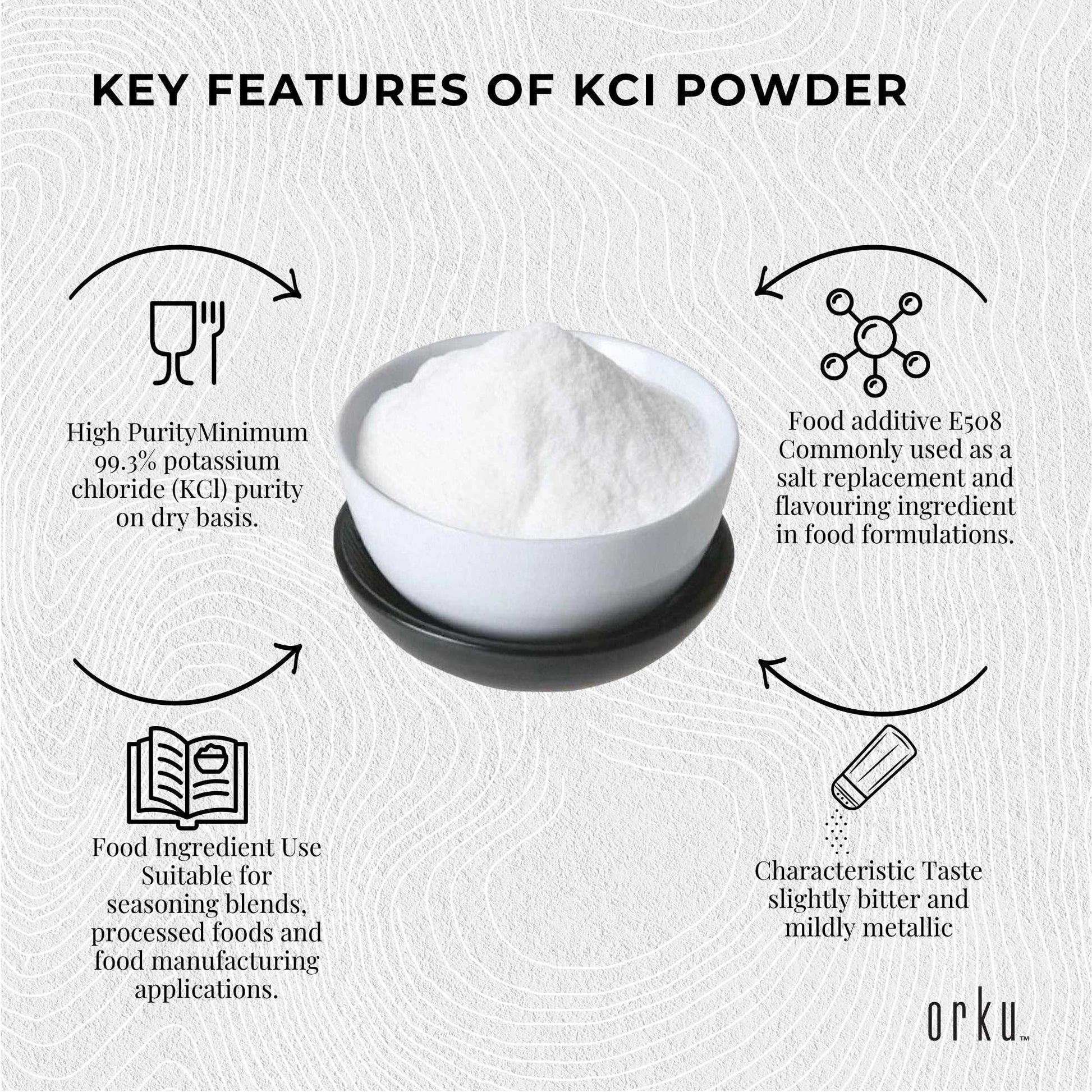Hlpmedical Orku 1.3kg potassium chloride powder tub, food grade salt substitute, in a white container with label and scoop