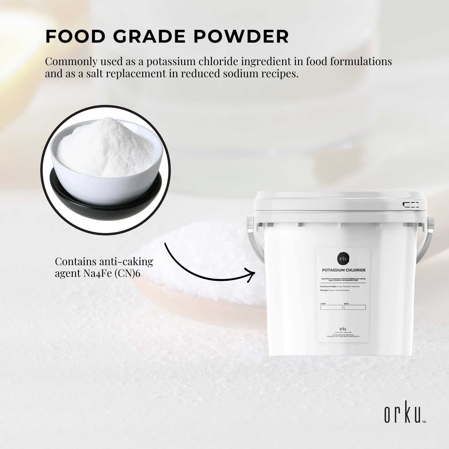 Hlpmedical Orku 5kg potassium chloride powder tub, food grade salt substitute, showing the white KCl powder in the container.