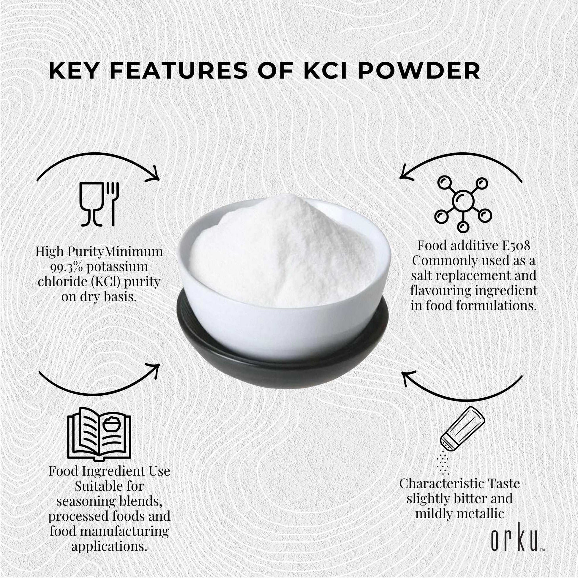 Hlpmedical Orku 5kg potassium chloride powder tub, food grade salt substitute, shown in a white container on a plain background.