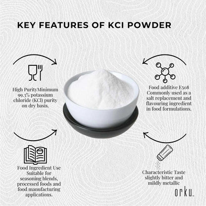 Hlpmedical Orku 5kg potassium chloride powder tub, food grade salt substitute, shown in a white container on a plain background.