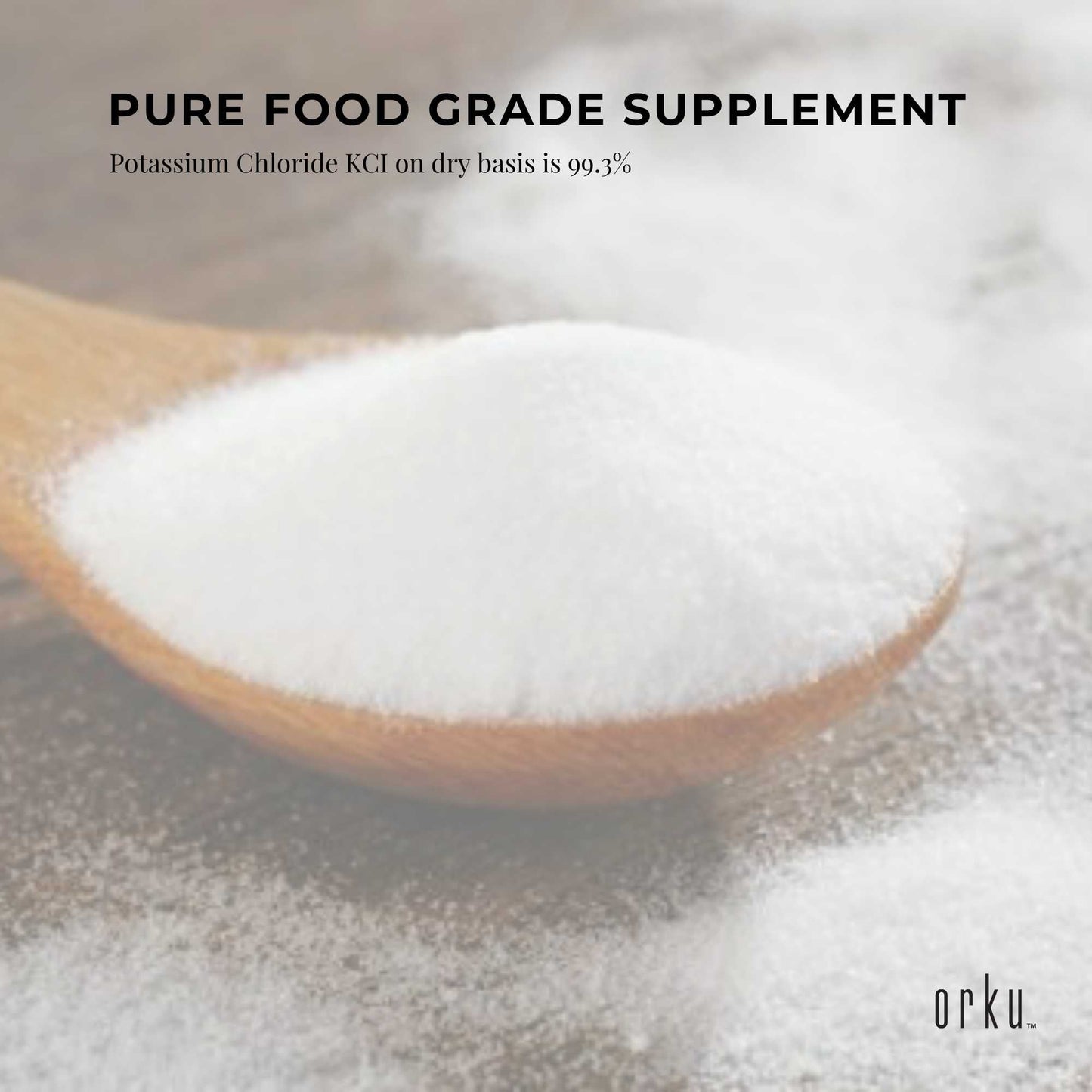 Hlpmedical Orku 5kg potassium chloride powder tub, food-grade salt substitute for nutrition and health supplement use.