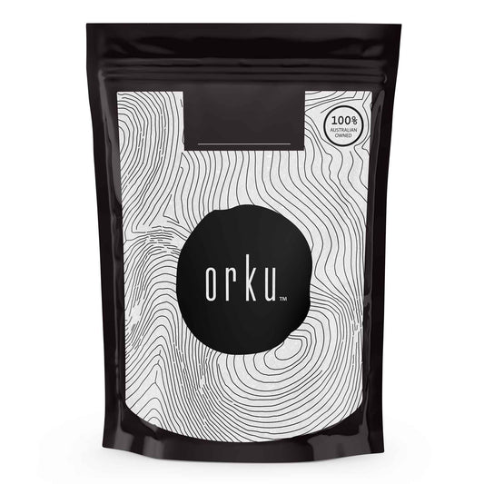 Hlpmedical Orku 50g Vitamin C Powder in a clear jar, showing white powder for health and beauty supplements, USP grade, non-GMO