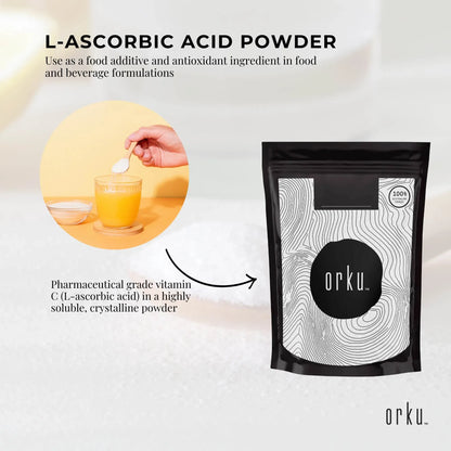 Hlpmedical Orku 2kg Vitamin C Powder, pure L-Ascorbic Acid in a resealable bag, non-GMO, USP grade for health and nutrition.