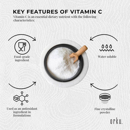 Hlpmedical Orku 2kg Vitamin C Powder, pure L-Ascorbic Acid, USP grade, non-GMO supplement for health and wellness.