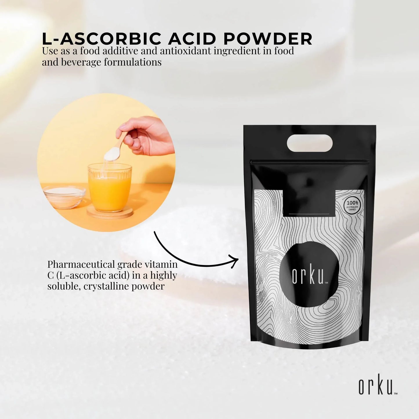 Hlpmedical Orku Bulk 10kg Vitamin C Powder, pure L-Ascorbic Acid, USP grade, non-GMO supplement in white powder form