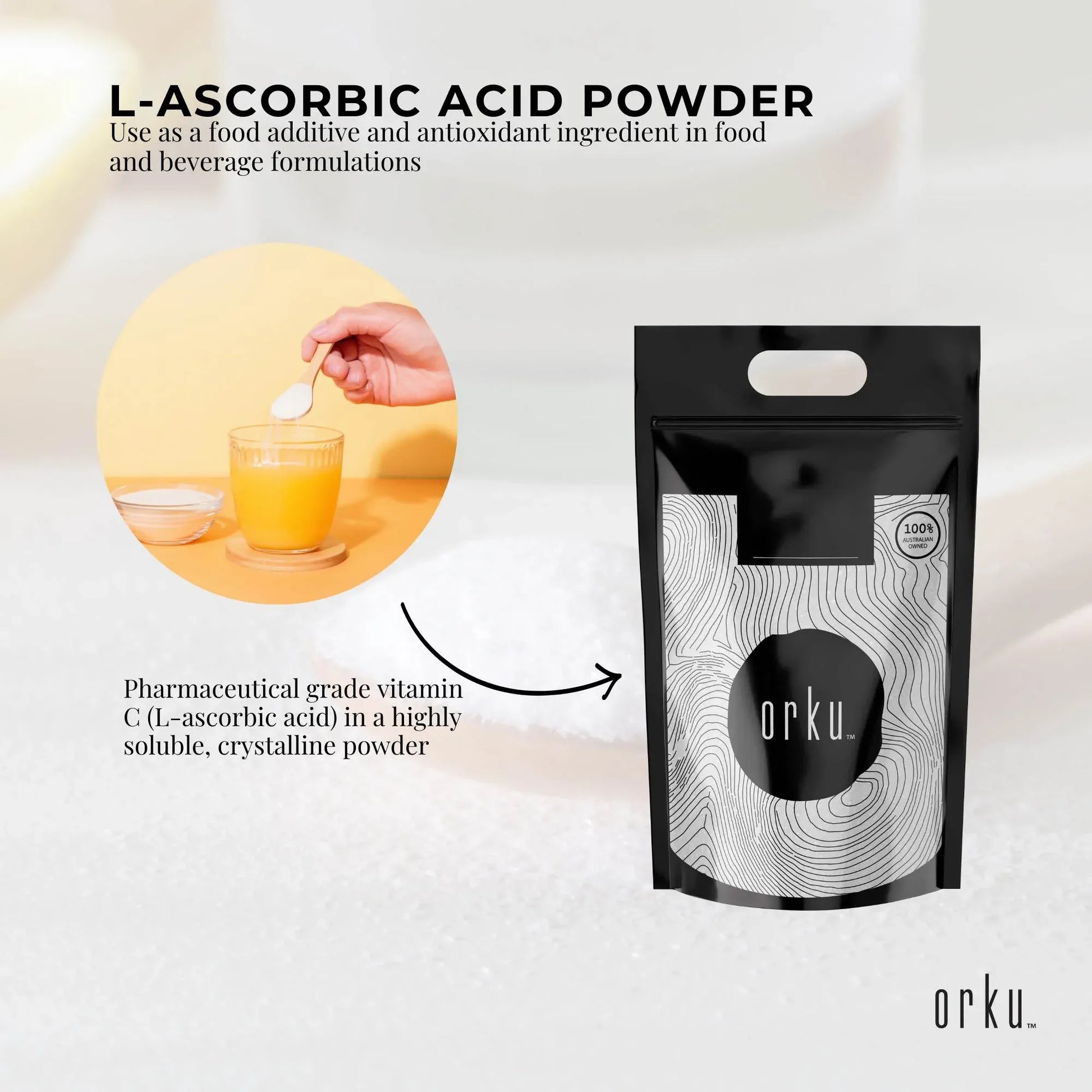 Hlpmedical Orku Bulk 10kg Vitamin C Powder, pure L-Ascorbic Acid, USP grade, non-GMO supplement in white powder form