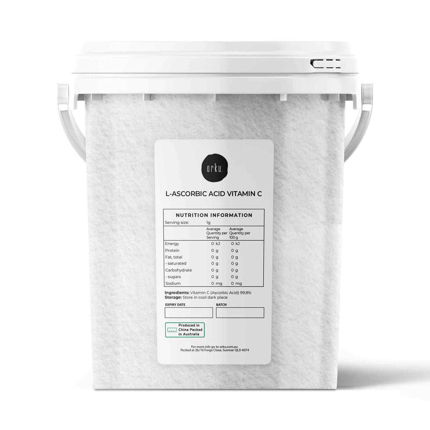Hlpmedical Orku 1.3kg Vitamin C powder in tub, pure L-Ascorbic Acid, USP grade, non-GMO supplement for health and beauty.