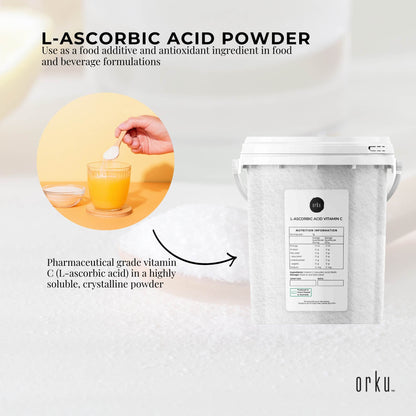 Hlpmedical Orku 1.3kg Vitamin C powder in tub, pure L-Ascorbic Acid, USP grade, non-GMO supplement for health and beauty.