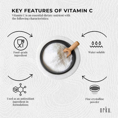 Hlpmedical Orku 1.3kg Vitamin C powder in tub, pure L-Ascorbic Acid, USP grade, non-GMO supplement for health and beauty.