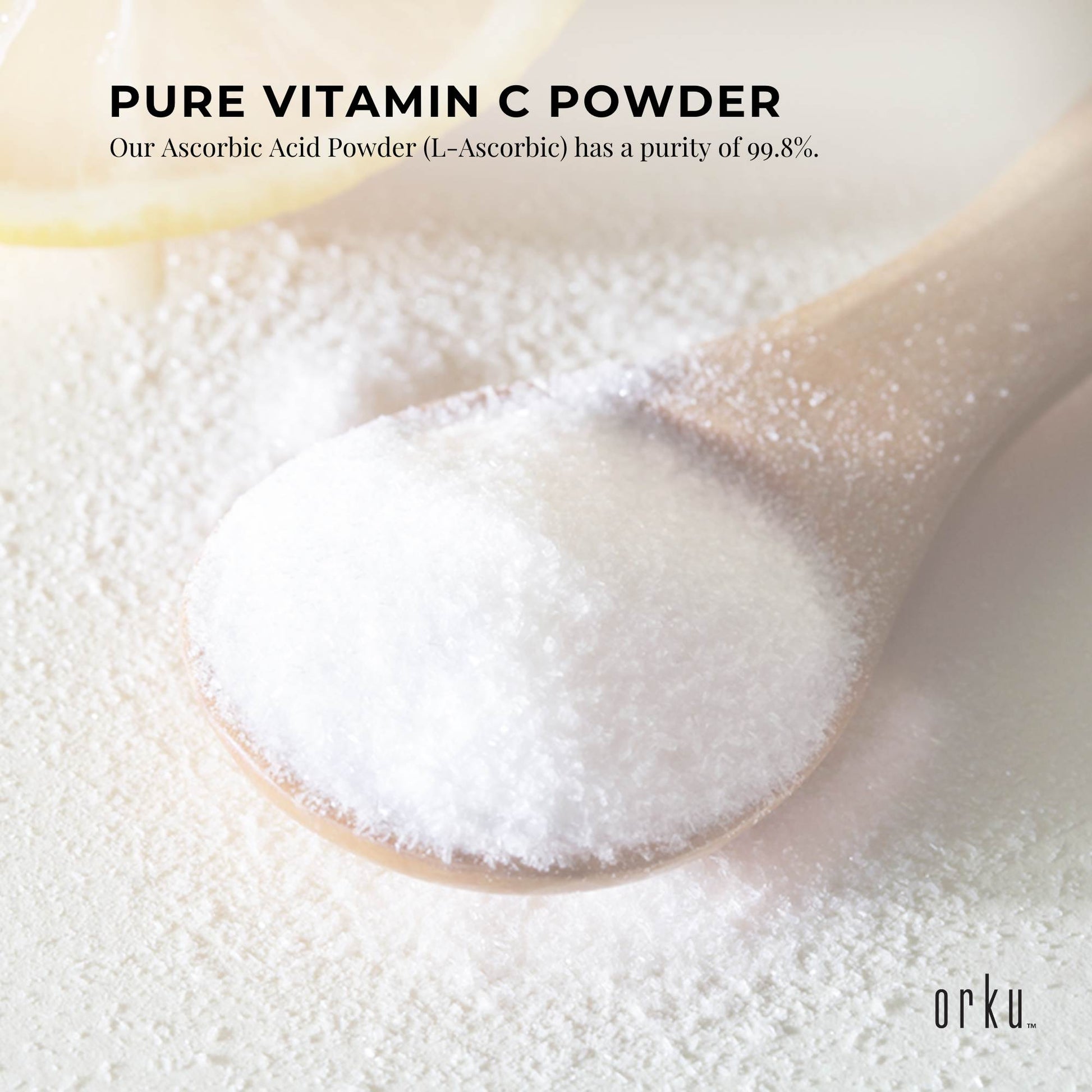 Hlpmedical Orku 1.3kg Vitamin C powder in tub, pure L-Ascorbic Acid, USP grade, non-GMO supplement for health and beauty.