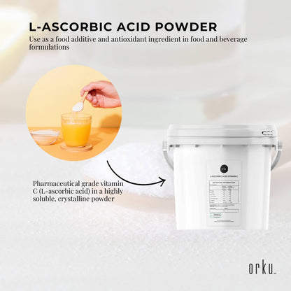 Hlpmedical Orku 5kg Vitamin C powder in tub, pure L-Ascorbic Acid, USP grade, non-GMO supplement for health and wellness.