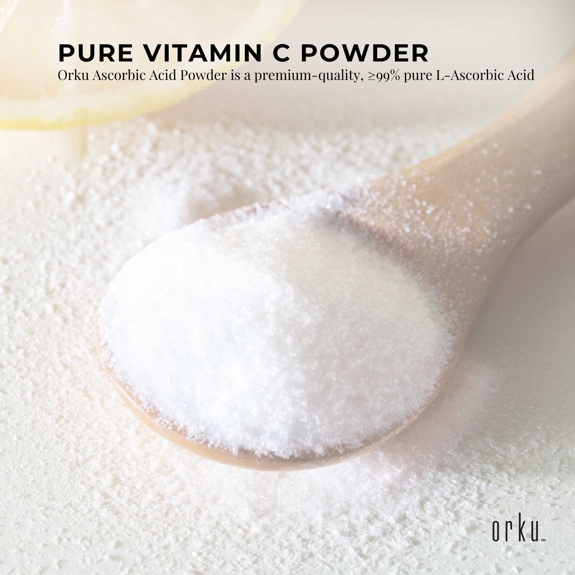 Hlpmedical Orku 5kg Vitamin C powder in tub, pure L-Ascorbic Acid, USP grade, non-GMO supplement for health and nutrition.