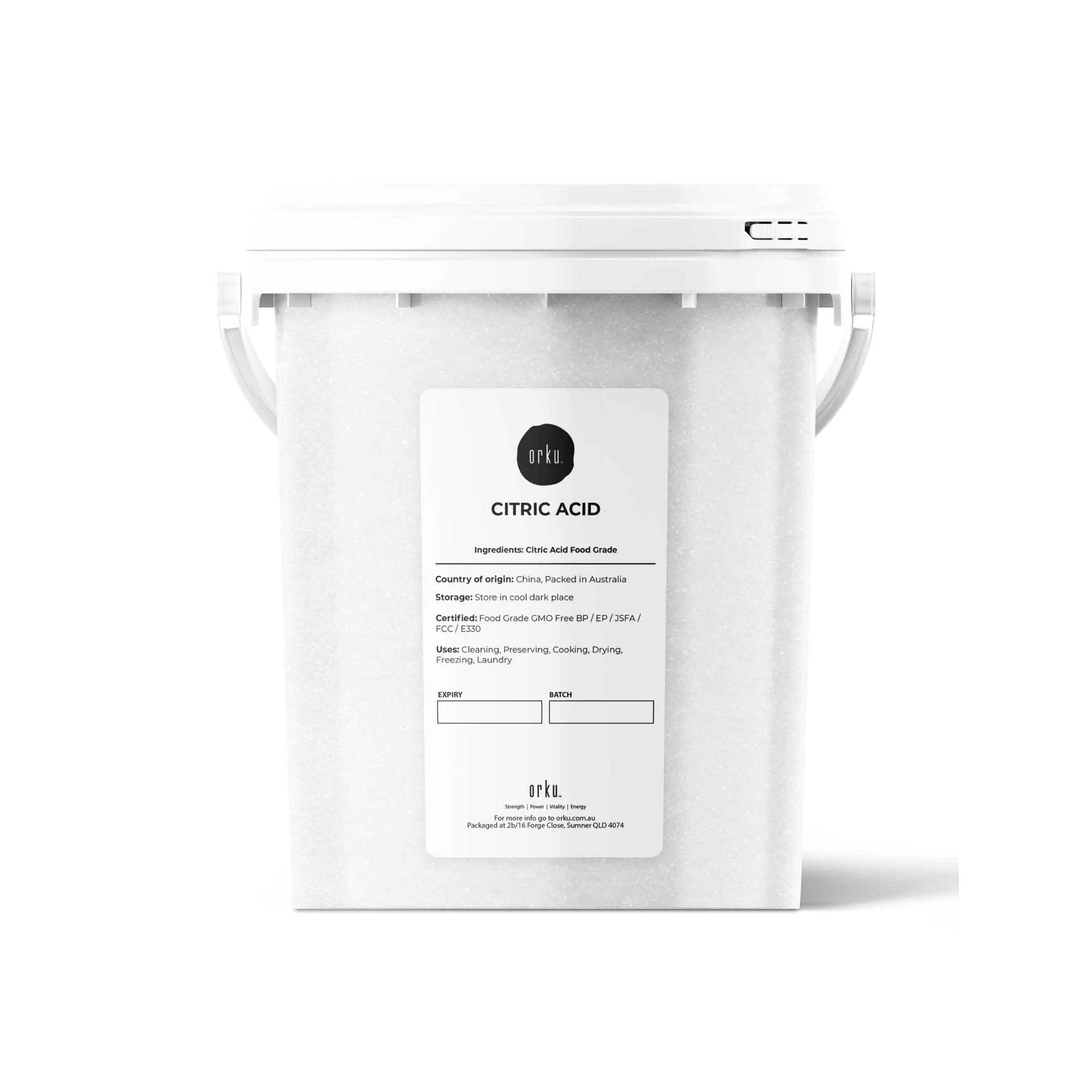Hlpmedical Orku 1.2kg citric acid powder tub, food grade non-GMO anhydrous preservative, shown in a white container.