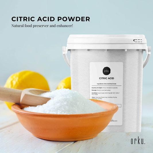 Hlpmedical Orku 1.2kg citric acid powder tub, food grade, non-GMO, anhydrous preservative for health and nutritional use.