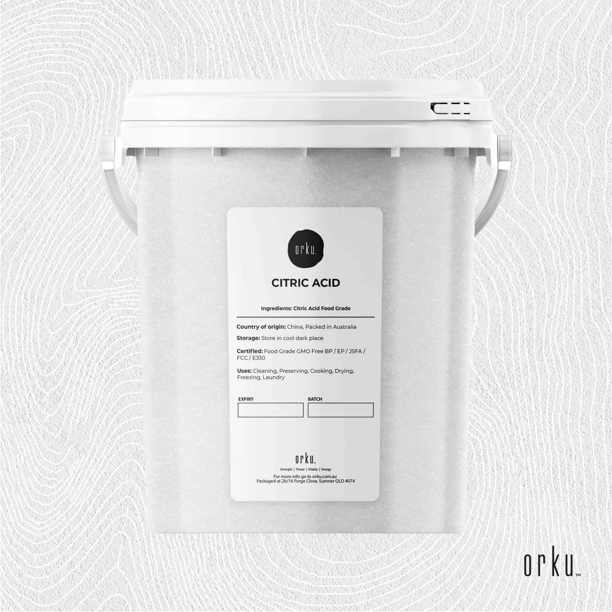 Hlpmedical Orku 1.2kg citric acid powder tub, food grade, non-GMO, anhydrous preservative for health and nutrition use.
